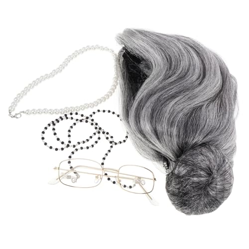 TOVINANNA Old Lady Cosplay Set mit Grauer Hochsteckperücke Brille Perlenkette und Brillenkette Vielseitiges Senioren Kostüm für Halloween Karneval Theater und Mottopartys für Damen und von TOVINANNA