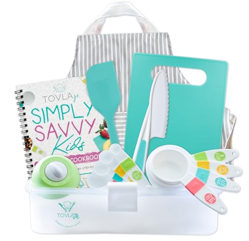 Tovla Jr. Küchenset für Kinder – Montessori Kochset – Messer, Timer, Messbecher, Löffel, Schürze, Schneidebrett, Kochbuch und Etui, sicheres pädagogisches Geschenk für von TOVLA JR.