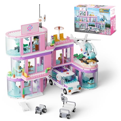 TOY PLAYER Rosa Mädchen City Krankenhaus Baustein Set, Kompatibel mit Lego, inklusive Rettungs Hubschrauber, Anhänger und Trage, STEM Geschenke für 6-12+ Jahre alte Jungen Mädchen(791 pcs) von TOY PLAYER