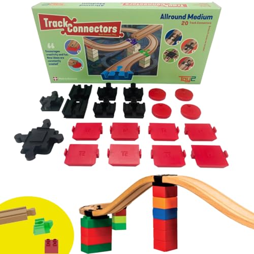 TOY2 Allround Medium Set Kompatibel BRIO Eisenbahn & Duplo Bausteine-Bauset 6 Verschiedene Track Connectors-Nachhaltige Holzeisenbahn Holzschienen Verbinder,Allround Set 20 Schienenverbindern von TOY2