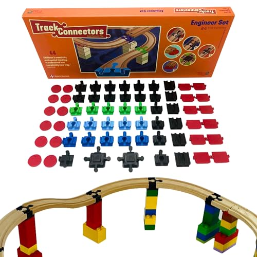 TOY2 Engineer Set mit 64 Schienenverbindern Kompatibel mit BRIO Eisenbahn & Lego Duplo Bausteine - Bauset 6 Verschiedene Track Connectors - Nachhaltige Holzeisenbahn und Holzschienen Set Verbinder von TOY2