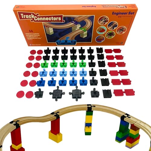 TOY2 Engineer Set mit 64 Schienenverbindern Kompatibel mit BRIO Eisenbahn & Duplo Bausteine - Bauset 6 Verschiedene Track Connectors - Nachhaltige Holzeisenbahn und Holzschienen Set Verbinder von TOY2