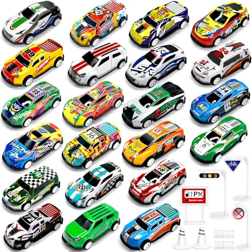 TOYABI Auto Spielzeug Set, Spielzeugautos Metall, 22 Stück Kleine Spielzeugauto mit 8 Straßensperre, Autos Zurückziehen Fahrzeuge, Weihnachten Geburtstag Geschenk für Kinder ab 3 4 5 6 7 8 Jahre von TOYABI