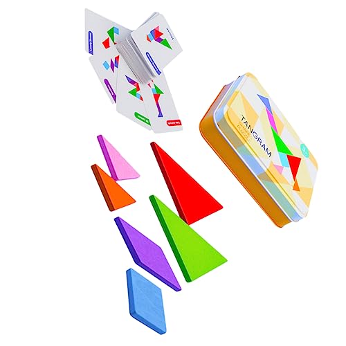 TOYANDONA 1 Satz Holz Tangram Puzzle für Kreatives Vorstellungskraft und Denkfähigkeit für Jungen und Sicher und Langlebig Eisenbox mit Karten von TOYANDONA