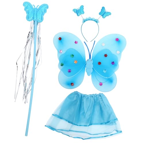TOYANDONA 1 Satz feeflügeln Fairy Wand Costume faschingkostüme Mädchen Schmetterlings-Fee-Kostüm Schmetterlingsflügel-Stirnband-Zauberstab Schmetterlings-Kostümset Eisendraht Blue von TOYANDONA