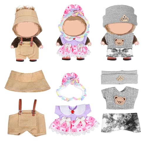 TOYANDONA 17 cm Puppenkleidungs-Outfit: 3-teiliges Puppen-ankleide-Outfit mit Hut- Und Overall-Set + Stirnband-Rock-Set + Strickmütze, Pullover, Kostümzubehör, Kawaii-Kleidung zum Anziehen im von TOYANDONA