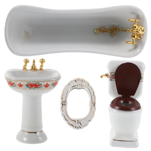TOYANDONA 1Satz Puppenhaus Badezimmermöbel Set aus Keramik Badewanne Toilette Waschbecken und Spiegel für Kreatives und Puppenhaus Dekoration von TOYANDONA