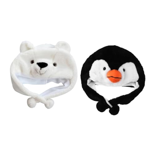 TOYANDONA 2 Stück Teiliges Plüsch Mütze Warm Beanie mit Pinguin und Weißem Bären Cartoon Tier Design Weiches Hautfreundliches Material für Frühling Herbst Winter Outdoor Aktivitäten von TOYANDONA
