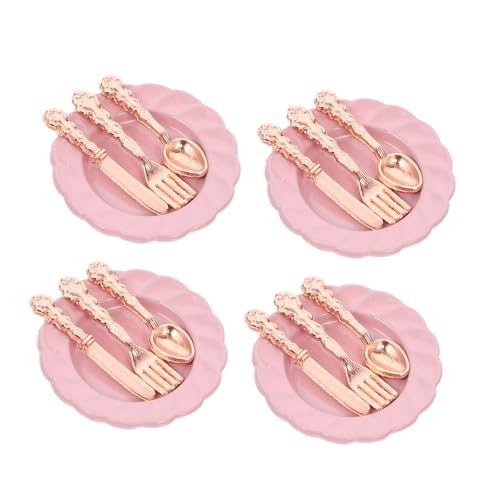 TOYANDONA 4 Sätze Mini-Besteckset kinderküche Kitchen Miniaturfutter puppenhaus mini Teller Geschirr Geschirrset Puppenhaus-Mini-Schale aus Legierung Mini-Puppenhaus-Teller Rosa von TOYANDONA