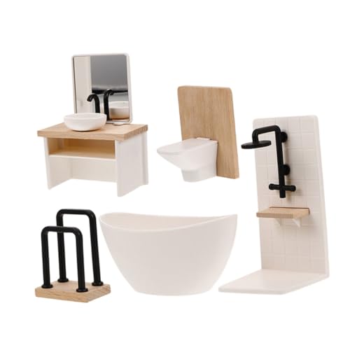 TOYANDONA 5 Stück Puppenhaus Badezimmer mit Miniatur Badewanne Toilette Waschbecken Duschkabine und Handtuchhalter Realistische Stabile Puppenmöbel für Kreatives Rollenspiel und Dekoration von TOYANDONA
