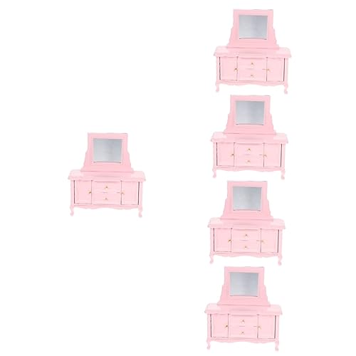 TOYANDONA 5st Mini-kommode Puppenhausmöbel Puppenstubentisch Puppenhaus-dekor Miniatur-schlafzimmermöbel Kommode Aus Holz Mini-verzierung Minispiegel Schminkspiegel Schminktisch Rosa Birke von TOYANDONA