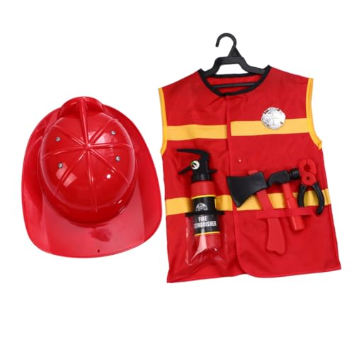 TOYANDONA 7 Stück Feuerwehrkostüm Set mit Weste Helm Hammer Axt Feuerlöscher Zange und Abzeichen Leicht Anzuziehen Lebendige Farben Feuerwehr Rollenspiel für Jungen und Mädchen von TOYANDONA