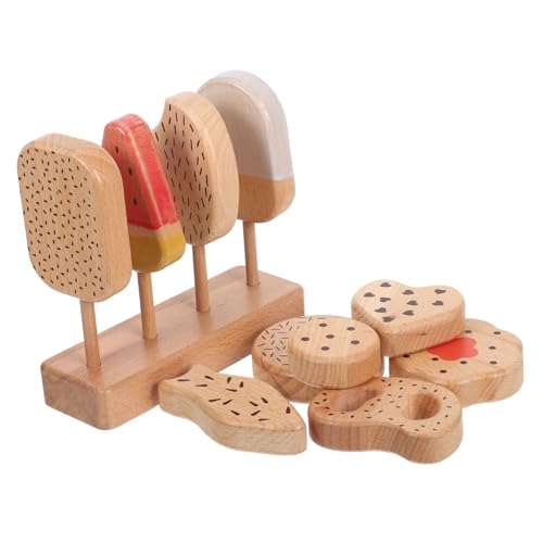TOYANDONA Holz Eiscreme Spielset mit Basis für Simuliertes Küchenspielzeug mit EIS Donuts und Stäbchen Robustes Holzmaterial Vielfältiges Rollenspiel für Kinderküche und Partydeko von TOYANDONA