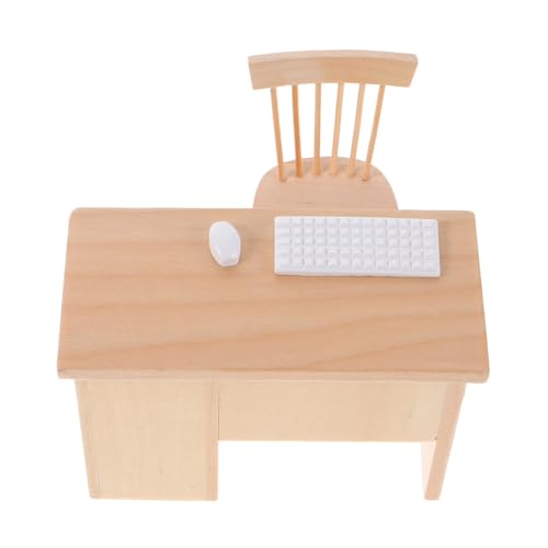 TOYANDONA Miniatur Möbelset Puppenhaus Büro Tisch Stuhl mit Tastatur Holzstuhl Realistische Details Kompakt Tragbar Langlebig für Zubehör von TOYANDONA