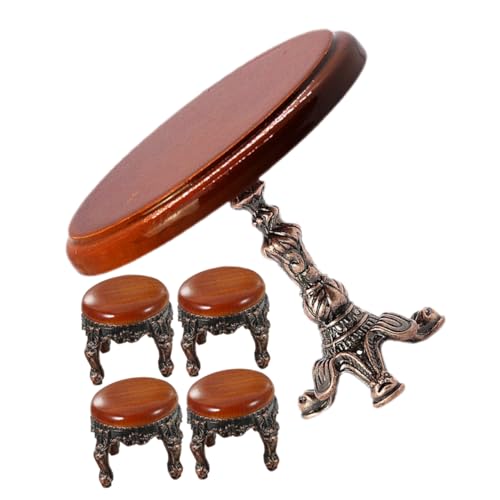 TOYANDONA Miniatur Puppenhaus Holz Rundtisch mit Kleinen Hockern Vintage Puppenmöbel für Wohnzimmer Garten Dekoratives Puppenhaus Zubehör Realistische Miniatur Wohnzimmertisch Kombination von TOYANDONA