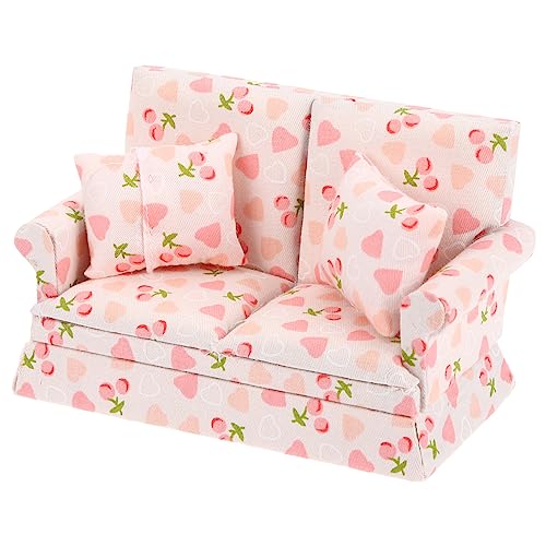 TOYANDONA Miniatur Puppenhaus Sofa Couch Maßstab Doppelsofa mit Herz und Kirschmuster Langlebiges Puppenmöbel für Kinderzimmer Deko und Kreatives von TOYANDONA