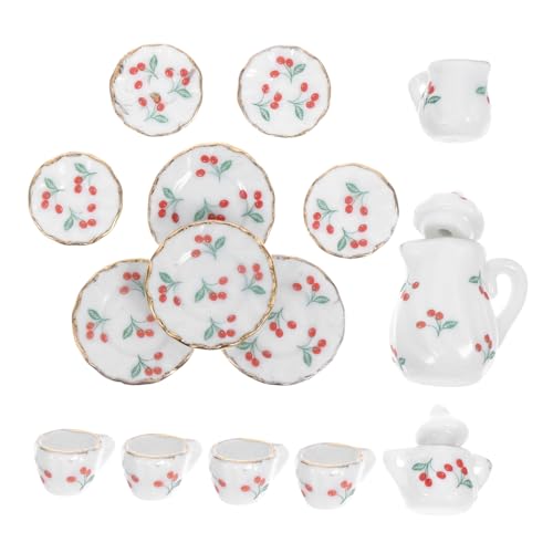 TOYANDONA Miniatur Puppenhaus Teeservice Teiliges Keramik mit Rotem Kirschmuster Realistische Mini und Tasse Dekoratives Puppenhaus Zubehör für Küche und Wohnzimmer von TOYANDONA