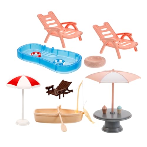 TOYANDONA Miniatur Schwimmbecken Set mit Strandthema Realistische Puppenhaus Szene mit Winzigem Strand Sonnenschirm Liegestuhl Schwimmring und Boot DIY Mikro Landschaftsspielzeug für Garten von TOYANDONA