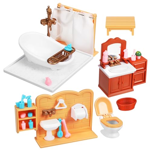 TOYANDONA Puppenhaus Deko mit Badewanne Schrank Waschbecken Hocker und Pflanzen Langlebig Vielseitig als Foto Requisite und Geschenk Geeignet von TOYANDONA