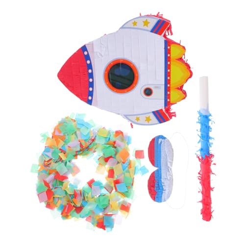 TOYANDONA Raketen Pinata Partydeko zum Befüllen mit Augenbinde und Weltraum Geburtstag Spiele Zubehör für Jungen und Mädchen Partyspiel mit Süßigkeiten und Konfetti von TOYANDONA