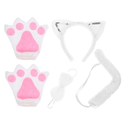 TOYANDONA Weißes Katzenkostüm mit Plüschohren Stirnband Katzenschwanz und Weißen Handschuhen Leichtes Cosplay Zubehör für Halloween Party Karneval und Bühnenauftritte von TOYANDONA
