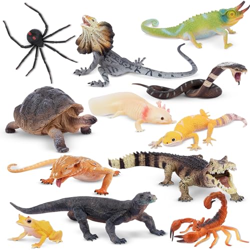TOYMANY 12 Stück Reptil Tiere-Figuren Set Safari Spielfiguren Kaltblütige Amphibien Spielzeug,Enthält Komodowaran,Gecko,Chamäleon,Halloween Geburtstagsgeschenk Mitbringsel Schulprojekt für Kinder von TOYMANY
