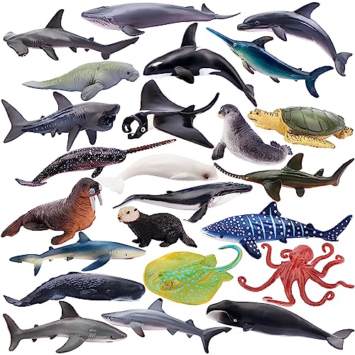 TOYMANY 24 Stück Tiere-Figuren Set Ocean Spielfiguren Spielzeug Meerestier-Figuren Tierfigur kleine-Tiere Plastiktiere Mini-Tiere, Meer Ozean Fisch Hai Wal Oktopus, zum Spielen oder als Deko von TOYMANY