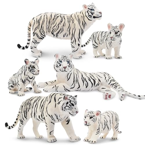 TOYMANY 6 Stück Weiße Tiger Tiere-Figuren mit Tigerjungen, Dschungeltierfiguren Spielzeugfiguren, Familienset mit Baby-Tigern Spielset, Wild Kuchen Topper Ornamente, Tiere Thema Geburtstag Party von TOYMANY