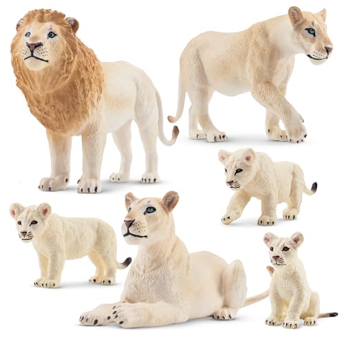 TOYMANY 6 Stück Weißer Löwe Tiere-Figuren mit Löwenbabys,Löwen Spielzeug Plastiktiere Zoo Wald Tierfiguren Dschungeltierfiguren, Lernspielzeug-Kuchenaufsatz,zum Spielen oder als Deko für Kinder von TOYMANY