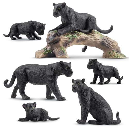 TOYMANY 7 Stück Schwarzer Panther Tiere-Figuren mit Babys und einem Baumstamm,Realistische Wald Spielzeug Plastik Zoo Dschungeltierfiguren, Lernspielzeug-Kuchenaufsatz, zum Spielen oder als Deko von TOYMANY