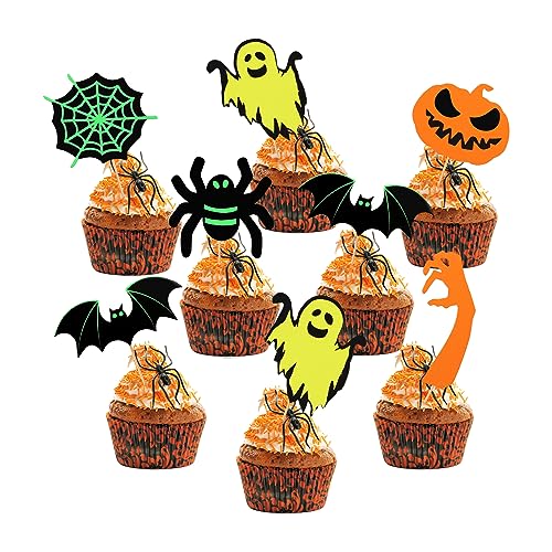 36 Stück Halloween Cupcake Topper, Kuchenaufsatz Halloween Fledermaus, Geist, Spinne, Kürbis Gruselige Kuchen-Topper Halloween-Motto-Partyzubehör von TOYMIS