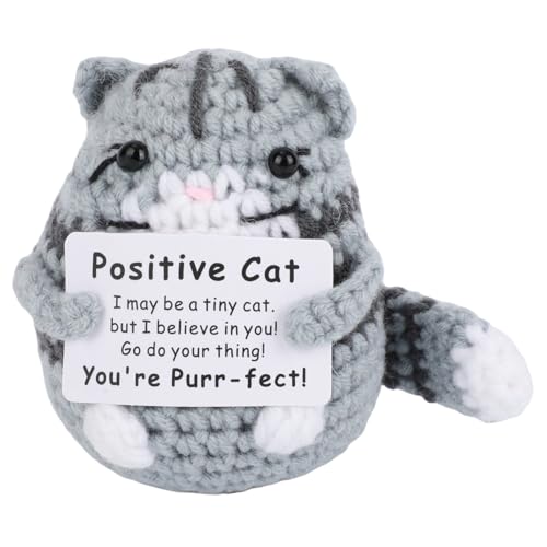 Handgefertigte Häkelkatze, positive Mini-Katzenpuppe mit Ermutigungskarte, niedliches Strickspielzeug für Familie, Freunde, Geburtstagsdekoration, Geschenke (grau) von TOYMIS