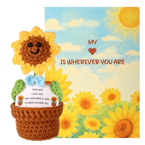 Positive Sonnenblume, Süße Handgefertigte Gehäkelte Sonnenblume im Topf mit Inspirierender Karte und Grußkarte Geschenk zur Emotionalen Unterstützung Gestrickte Pflanzenpuppe (für Ehefrau) von TOYMIS