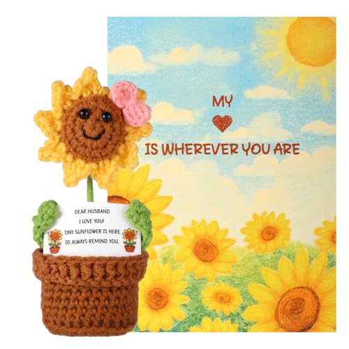 Positive Sonnenblume, Süße Handgefertigte Gehäkelte Sonnenblume im Topf mit Inspirierender Karte und Grußkarte Geschenk zur Emotionalen Unterstützung Gestrickte Pflanzenpuppe (für Ehemann) von TOYMIS