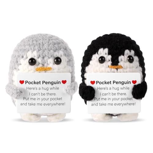 TOYMIS 2 Stück Taschen-Pinguin-Umarmung, 6,5cm Mini Lustig Positiver Süß Häkelpuppe Ornament Gestricktes Spielzeug Mit Positiver Karte für Geburtstagsfeier Geschenk (Grau, Schwarz) von TOYMIS