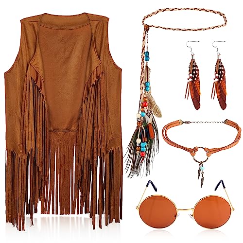 TOYMIS 5 Stück 60er 70er Hippie Kostüm Set für Frauen, Hippie Costume Set mit Quastenweste Sonnenbrillen Halskette Ohrringe Feder gewebtes Stirnband Hippie Kostüm Damen Accessoires (M) von TOYMIS