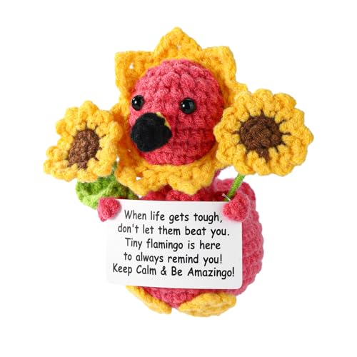 TOYMIS Flamingo Gehäkelt, Süße Weich Gestrickte Sonnenblumen Flamingo Puppe mit Inspirierender Karte Lustige Handgemachte Häkelgeschenke Positive Affirmation Geschenke von TOYMIS