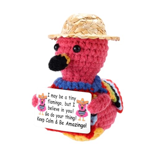 TOYMIS Flamingo Häkeln, Handgemachte Gehäkelte Positiver Flamingo Puppe Süßes Stricktier Trägt Strohhut mit Aufmunternder Karte für Frauen und Männer Schreibtischdekoration von TOYMIS