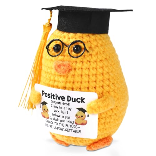 TOYMIS Gehäkelte Ente zum Schulabschluss mit Karte, Süße Gelbe Gehäkelte Ente Positive Stricktiere mit Grußkarte für Schulabschlussgeschenke Schreibtischdekoration Partygeschenke von TOYMIS