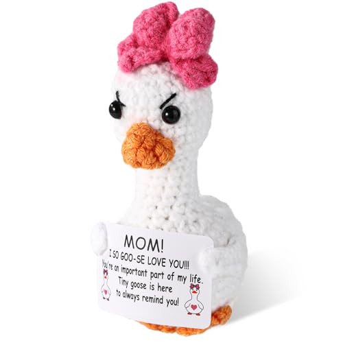 TOYMIS Gehäkelte Gans, 9 x 8 x 6 cm Süße Gestrickte Weiße Ganspuppe zum Muttertag Positive Unterstützung mit Inspirierender Karte Herzerwärmendes Positives Affirmations Häkelgeschenk für Mütter von TOYMIS