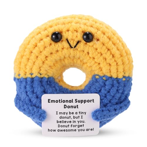 TOYMIS Gehäkelter Donut, Süße Cartoon Donut Puppe in Gelb und Blau Gestrickt Positive Puppe mit Inspirierender Karte Handgemachtes Positives Affirmations Gehäkelt Geschenk für Frauen und Männer TOYMIS Gehäkelter Donut, Süße Cartoon Donut Puppe in Gelb und Blau Gestrickt Positive Puppe mit Inspirierender Karte Handgemachtes Positives Affirmations Gehäkelt Geschenk für Frauen und Männer von TOYMIS