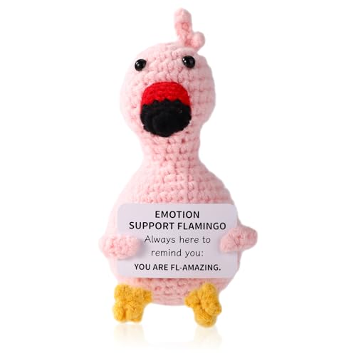 TOYMIS Gehäkelter Flamingo, 9cm Lustiger Positiver Flamingo mit Aufmunternder Karte Emotionale Positive Unterstützungspuppe Gehäkelte Tiere Geschenk für Freunde Zuhause Party Dekoration von TOYMIS