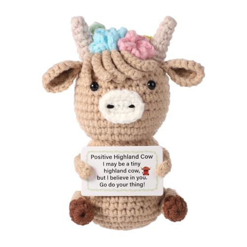 TOYMIS Gestrickte Hochlandkuh, Lustige Süße Positive Kuh Gehäkelt Inspirierende Strickpuppe mit Positiver Karte Erhebendes Strickspielzeug Geschenk für Freunde Familie Party-Dekoration von TOYMIS