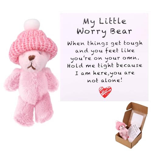 TOYMIS Kleiner Bär in Einer Schachtel mit Hut, Handgefertigter Positiver Mini Plüschbär mit Ermutigungskarte Inspirierendes Tierspielzeug als Geschenk für Familie Freunde und Kollegen (Rosa) von TOYMIS