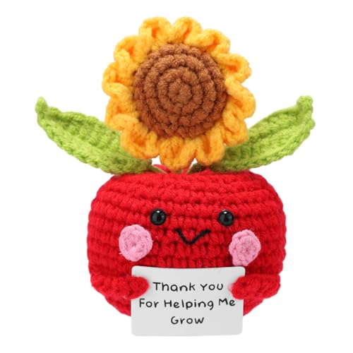 TOYMIS Positive Apfel- und Sonnenblumenpuppe, Gehäkelter Apfel und Sonnenblume mit Motivationskarte Emotionale Pflanze für Schreibtischdekoration Geschenk für Lehrer Freunde von TOYMIS