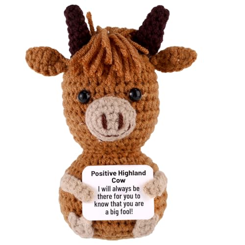 TOYMIS Positive Hochlandkuh, 11cm Lustige Handgestrickte Häkelpuppe Emotionales Tier mit Positiver Karte Inspirierendes Geschenk für Zuhause den Schreibtisch die Geburtstagsparty die Dekoration von TOYMIS