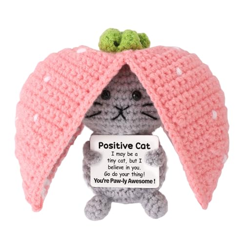 TOYMIS Positive Katze, Positive Erdbeerkatze Emotionale Unterstützung Tier Häkeln mit Ermutigender Botschaft für Ermutigendes Geschenk Zuhause Büro Dekor Abschlussgeschenk von TOYMIS