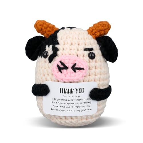 TOYMIS Positive Kuh, Süße Handgemachte Häkelkuh Emotionales Strickpuppenspielzeug mit Inspirierender Karte für Mitarbeiter Studenten Desktop Dekoration von TOYMIS