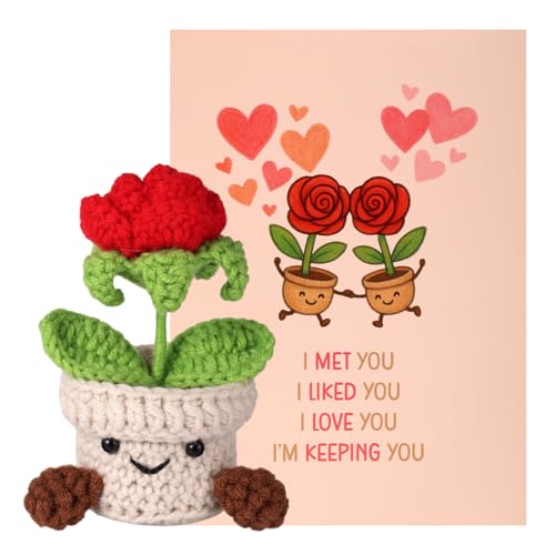 TOYMIS Positive Rose, 13 cm Handgefertigt, Weiche Gehäkelte Rote Rosen mit Grußkarte Lustige Emotionale Topfblumen als Geschenk für Paare Home Office Auto Dekoration von TOYMIS
