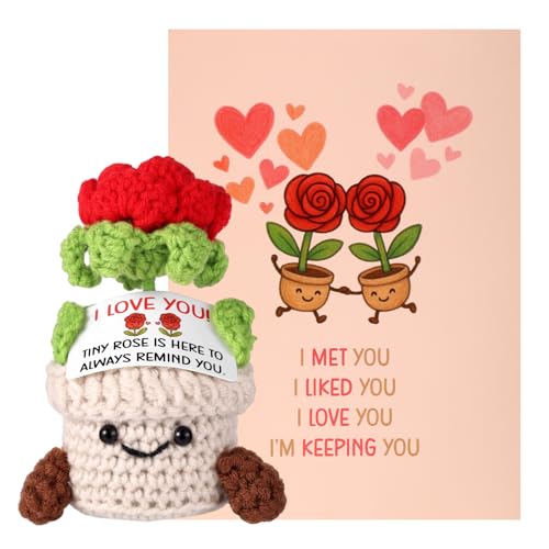 TOYMIS Positive Rose Gehäkelt, 13x6x6cm Rote Gehäkelte Rose mit Inspirierender Karte Emotionale Topfblumen Häkelpuppe für Ehepartner (für Ehefrau) von TOYMIS